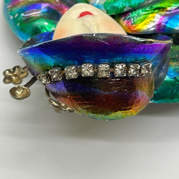Vintage Art Deco Flapper Lady Brooch Pin Face Iridescent Rainbow 1980s Jewelry - Picture 6 of 12